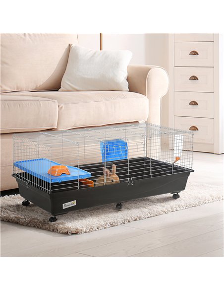 PawHut Small Animal Cage Rabbit Guinea Pigs Chinchillas Cage w/ Wheels Water Bottle Food Dish Platform Ramp 119 x 59 x 50 cm Bla - pic 158245 | FastDaddyshop