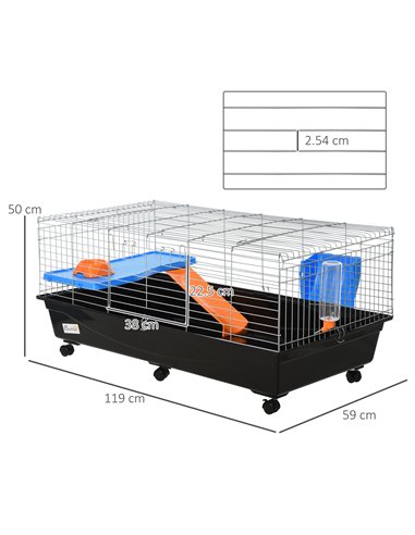 PawHut Small Animal Cage Rabbit Guinea Pigs Chinchillas Cage w/ Wheels Water Bottle Food Dish Platform Ramp 119 x 59 x 50 cm Bla