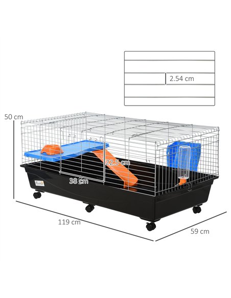PawHut Small Animal Cage Rabbit Guinea Pigs Chinchillas Cage w/ Wheels Water Bottle Food Dish Platform Ramp 119 x 59 x 50 cm Bla - pic 158246 | FastDaddyshop
