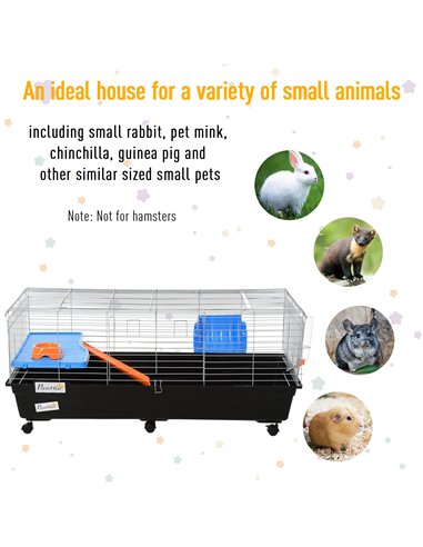 PawHut Small Animal Cage Rabbit Guinea Pigs Chinchillas Cage w/ Wheels Water Bottle Food Dish Platform Ramp 119 x 59 x 50 cm Bla