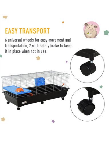 PawHut Small Animal Cage Rabbit Guinea Pigs Chinchillas Cage w/ Wheels Water Bottle Food Dish Platform Ramp 119 x 59 x 50 cm Bla