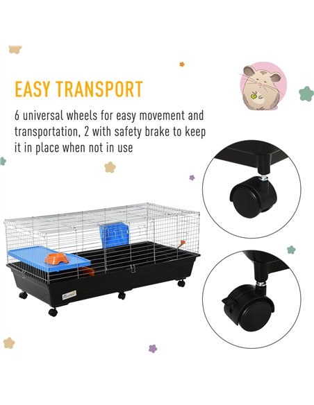 PawHut Small Animal Cage Rabbit Guinea Pigs Chinchillas Cage w/ Wheels Water Bottle Food Dish Platform Ramp 119 x 59 x 50 cm Bla - pic 158248 | FastDaddyshop