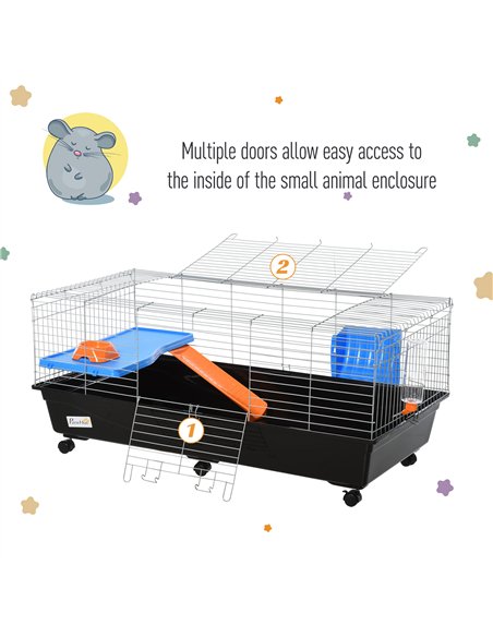 PawHut Small Animal Cage Rabbit Guinea Pigs Chinchillas Cage w/ Wheels Water Bottle Food Dish Platform Ramp 119 x 59 x 50 cm Bla - pic 158250 | FastDaddyshop