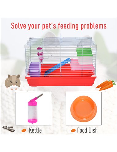 PawHut Hamster Cage, Small Gerbil Cage 2 Tiers Portable w/ Handle, Exercise Wheel, Water Bottle, Dishes