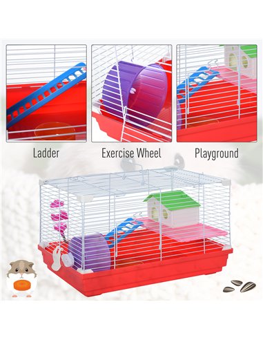 PawHut Hamster Cage, Small Gerbil Cage 2 Tiers Portable w/ Handle, Exercise Wheel, Water Bottle, Dishes