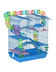PawHut 5 Tier Hamster Cage Carrier Habitat with Exercise Wheels Tunnel Tube Water Bottle Dishes House Ladder for Dwarf Mice, Blu