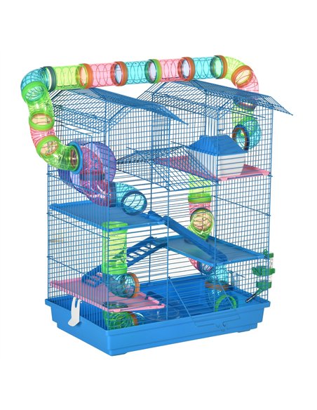 PawHut 5 Tier Hamster Cage Carrier Habitat with Exercise Wheels Tunnel Tube Water Bottle Dishes House Ladder for Dwarf Mice, Blu - pic 158262 | FastDaddyshop
