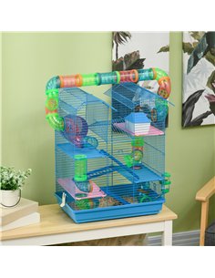 PawHut 5 Tier Hamster Cage Carrier Habitat with Exercise Wheels Tunnel Tube Water Bottle Dishes House Ladder for Dwarf Mice, Blu 2