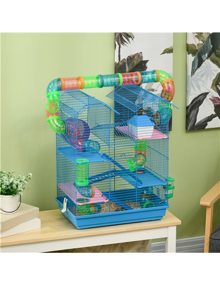 PawHut 5 Tier Hamster Cage Carrier Habitat with Exercise Wheels Tunnel Tube Water Bottle Dishes House Ladder for Dwarf Mice, Blu - pic 158263 | FastDaddyshop