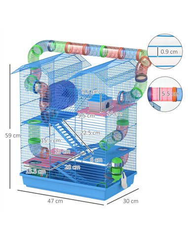 PawHut 5 Tier Hamster Cage Carrier Habitat with Exercise Wheels Tunnel Tube Water Bottle Dishes House Ladder for Dwarf Mice, Blu