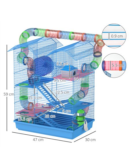PawHut 5 Tier Hamster Cage Carrier Habitat with Exercise Wheels Tunnel Tube Water Bottle Dishes House Ladder for Dwarf Mice, Blu - pic 158264 | FastDaddyshop