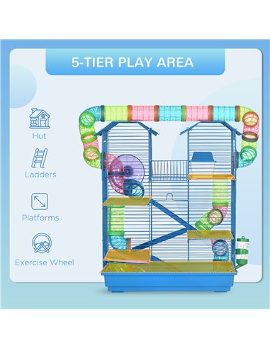 PawHut 5 Tier Hamster Cage Carrier Habitat with Exercise Wheels Tunnel Tube Water Bottle Dishes House Ladder for Dwarf Mice, Blu