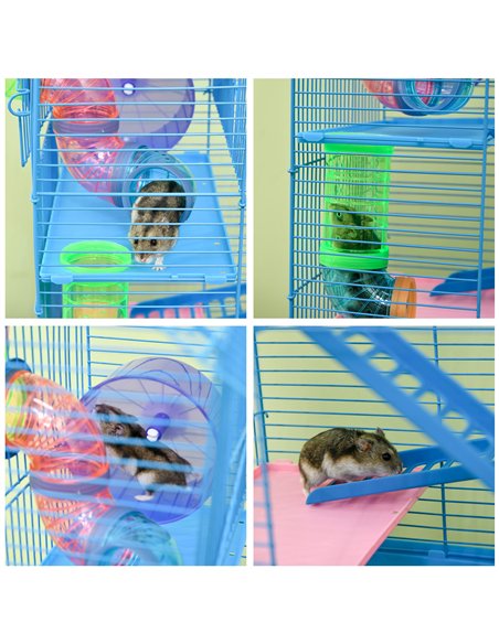 PawHut 5 Tier Hamster Cage Carrier Habitat with Exercise Wheels Tunnel Tube Water Bottle Dishes House Ladder for Dwarf Mice, Blu - pic 158269 | FastDaddyshop