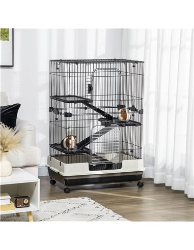 PawHut Four-Tier Small Animal Cage, for Bunnies, Ferrets, Chinchillas w/ Wheels, Tray - Black