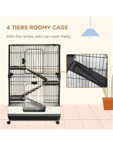 PawHut Four-Tier Small Animal Cage, for Bunnies, Ferrets, Chinchillas w/ Wheels, Tray - Black