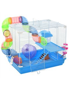 Pawhut 2 Tier Hamster Cage, Gerbil Cage with Handle, Exercise Wheels, Tunnel, Tube, Water Bottle, Dishes, Ladder, for Dwarf, Blu