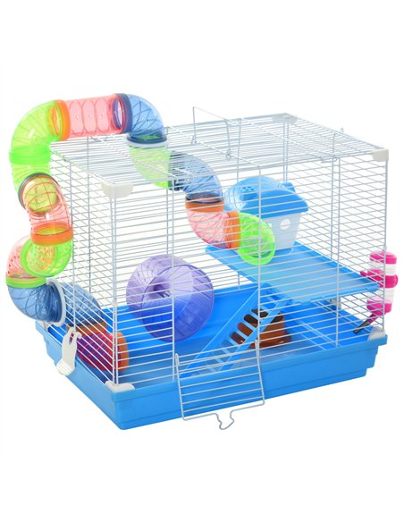 Pawhut 2 Tier Hamster Cage, Gerbil Cage with Handle, Exercise Wheels, Tunnel, Tube, Water Bottle, Dishes, Ladder, for Dwarf, Blu - pic 158289 | FastDaddyshop