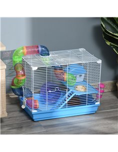 Pawhut 2 Tier Hamster Cage, Gerbil Cage with Handle, Exercise Wheels, Tunnel, Tube, Water Bottle, Dishes, Ladder, for Dwarf, Blu 2