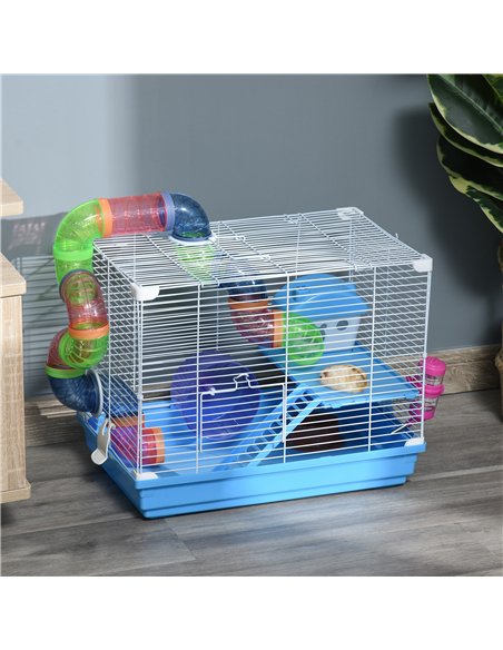 Pawhut 2 Tier Hamster Cage, Gerbil Cage with Handle, Exercise Wheels, Tunnel, Tube, Water Bottle, Dishes, Ladder, for Dwarf, Blu - pic 158290 | FastDaddyshop