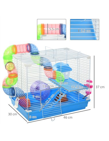 Pawhut 2 Tier Hamster Cage, Gerbil Cage with Handle, Exercise Wheels, Tunnel, Tube, Water Bottle, Dishes, Ladder, for Dwarf, Blu