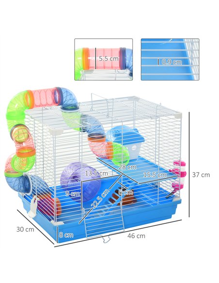 Pawhut 2 Tier Hamster Cage, Gerbil Cage with Handle, Exercise Wheels, Tunnel, Tube, Water Bottle, Dishes, Ladder, for Dwarf, Blu - pic 158291 | FastDaddyshop
