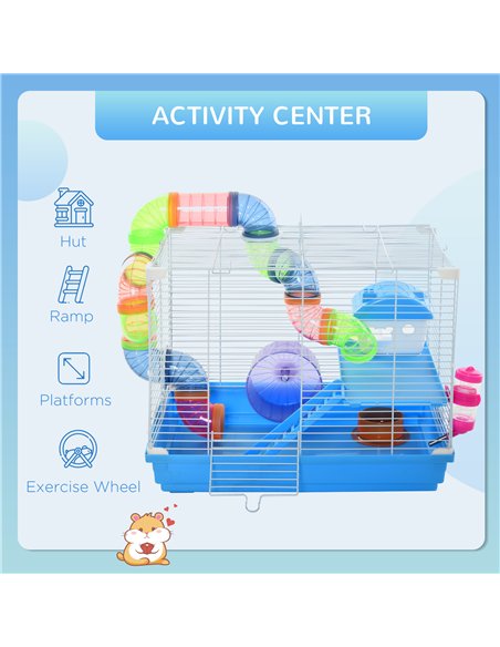 Pawhut 2 Tier Hamster Cage, Gerbil Cage with Handle, Exercise Wheels, Tunnel, Tube, Water Bottle, Dishes, Ladder, for Dwarf, Blu - pic 158292 | FastDaddyshop