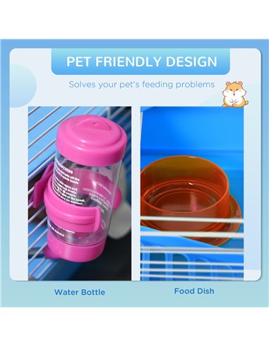 Pawhut 2 Tier Hamster Cage, Gerbil Cage with Handle, Exercise Wheels, Tunnel, Tube, Water Bottle, Dishes, Ladder, for Dwarf, Blu