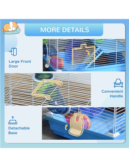 Pawhut 2 Tier Hamster Cage, Gerbil Cage with Handle, Exercise Wheels, Tunnel, Tube, Water Bottle, Dishes, Ladder, for Dwarf, Blu - pic 158294 | FastDaddyshop