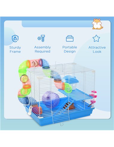 Pawhut 2 Tier Hamster Cage, Gerbil Cage with Handle, Exercise Wheels, Tunnel, Tube, Water Bottle, Dishes, Ladder, for Dwarf, Blu