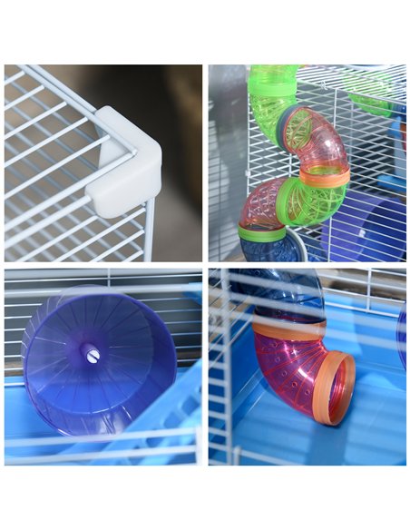 Pawhut 2 Tier Hamster Cage, Gerbil Cage with Handle, Exercise Wheels, Tunnel, Tube, Water Bottle, Dishes, Ladder, for Dwarf, Blu - pic 158296 | FastDaddyshop