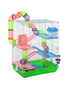 PawHut 5 Tier Hamster Cage Carrier Habitat w/ Exercise Wheels, Tunnel, Green