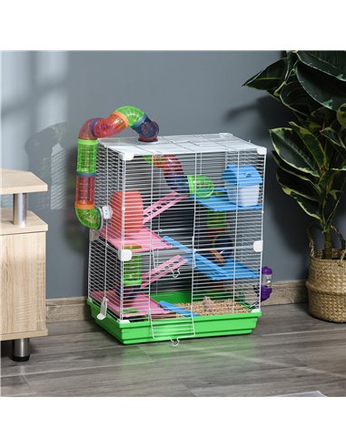 PawHut 5 Tier Hamster Cage Carrier Habitat w/ Exercise Wheels, Tunnel, Green