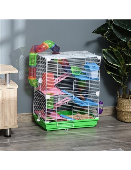 PawHut 5 Tier Hamster Cage Carrier Habitat w/ Exercise Wheels, Tunnel, Green - pic 158299 | FastDaddyshop