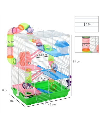 PawHut 5 Tier Hamster Cage Carrier Habitat w/ Exercise Wheels, Tunnel, Green