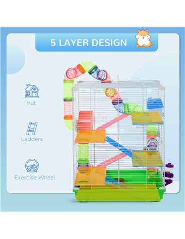 PawHut 5 Tier Hamster Cage Carrier Habitat w/ Exercise Wheels, Tunnel, Green