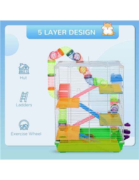 PawHut 5 Tier Hamster Cage Carrier Habitat w/ Exercise Wheels, Tunnel, Green - pic 158303 | FastDaddyshop