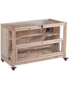 PawHut Wooden Hamster Cage, Mice Rodent Small Animals Kit Hutch, 3 Tiers Exercise Play House, with Wheels, Bottom Tray, 99 x 50 