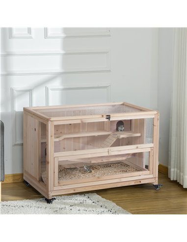 PawHut Wooden Hamster Cage, Mice Rodent Small Animals Kit Hutch, 3 Tiers Exercise Play House, with Wheels, Bottom Tray, 99 x 50 