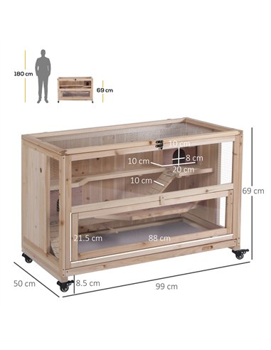 PawHut Wooden Hamster Cage, Mice Rodent Small Animals Kit Hutch, 3 Tiers Exercise Play House, with Wheels, Bottom Tray, 99 x 50 