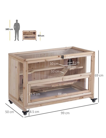 PawHut Wooden Hamster Cage, Mice Rodent Small Animals Kit Hutch, 3 Tiers Exercise Play House, with Wheels, Bottom Tray, 99 x 50  - pic 158345 | FastDaddyshop