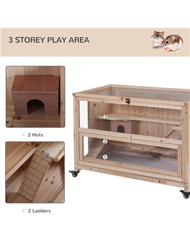PawHut Wooden Hamster Cage, Mice Rodent Small Animals Kit Hutch, 3 Tiers Exercise Play House, with Wheels, Bottom Tray, 99 x 50 