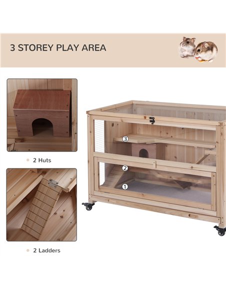 PawHut Wooden Hamster Cage, Mice Rodent Small Animals Kit Hutch, 3 Tiers Exercise Play House, with Wheels, Bottom Tray, 99 x 50  - pic 158346 | FastDaddyshop