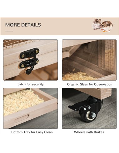 PawHut Wooden Hamster Cage, Mice Rodent Small Animals Kit Hutch, 3 Tiers Exercise Play House, with Wheels, Bottom Tray, 99 x 50 