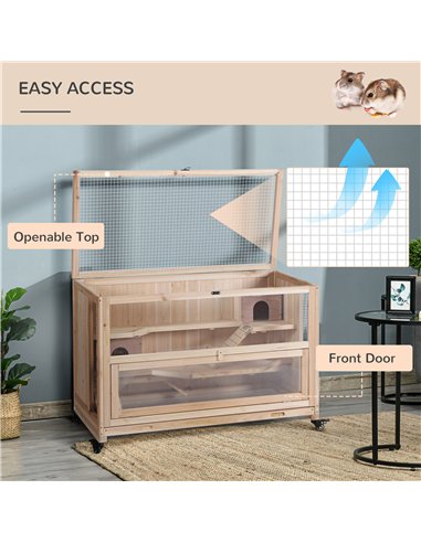 PawHut Wooden Hamster Cage, Mice Rodent Small Animals Kit Hutch, 3 Tiers Exercise Play House, with Wheels, Bottom Tray, 99 x 50 