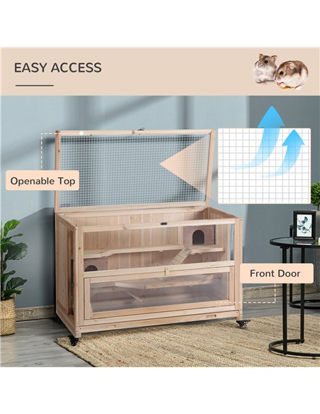 PawHut Wooden Hamster Cage, Mice Rodent Small Animals Kit Hutch, 3 Tiers Exercise Play House, with Wheels, Bottom Tray, 99 x 50  - pic 158348 | FastDaddyshop