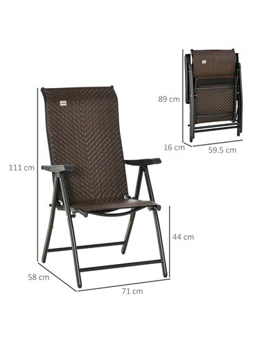 Outsunny Set of 2 Outdoor Wicker Folding Chairs with 7 Levels Adjustable Backrest, Red Brown