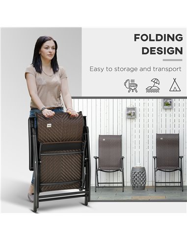 Outsunny Set of 2 Outdoor Wicker Folding Chairs with 7 Levels Adjustable Backrest, Red Brown