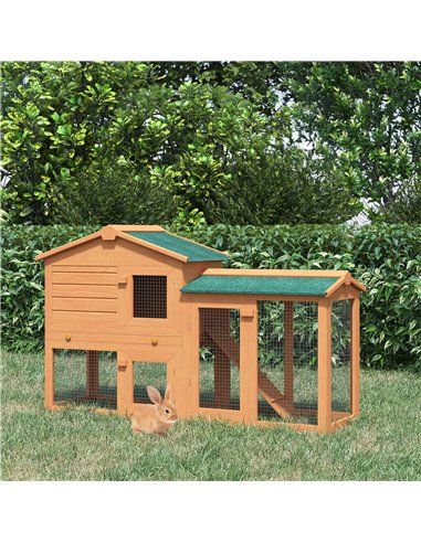 PawHut Rabbit 2 Tier Fir Wood Small Animal Hutch Guinea Pigs Hutches w/ Ramp Brown