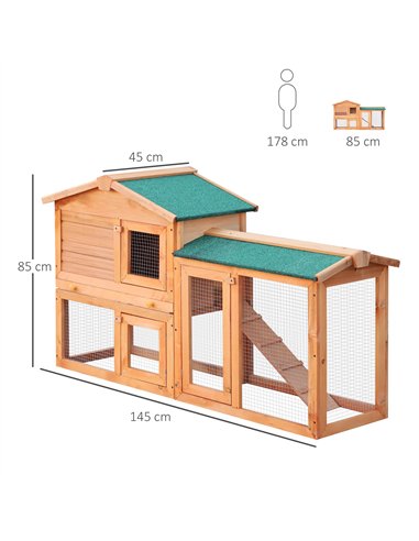 PawHut Rabbit 2 Tier Fir Wood Small Animal Hutch Guinea Pigs Hutches w/ Ramp Brown
