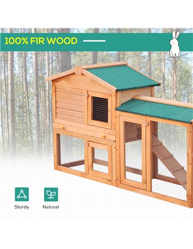 PawHut Rabbit 2 Tier Fir Wood Small Animal Hutch Guinea Pigs Hutches w/ Ramp Brown